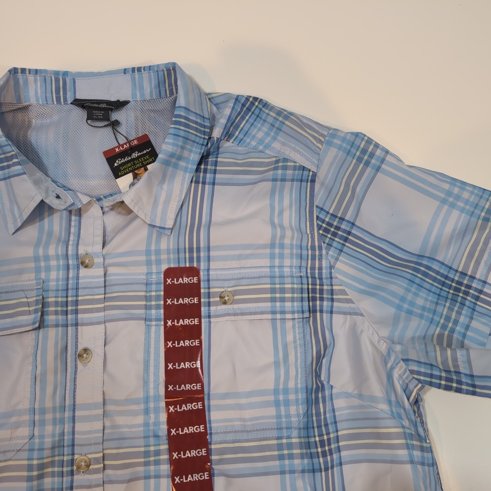 Eddie Bauer Womens Plaid Short‎ Sleeve Adventure Shirt XLarge Blue Lightweight